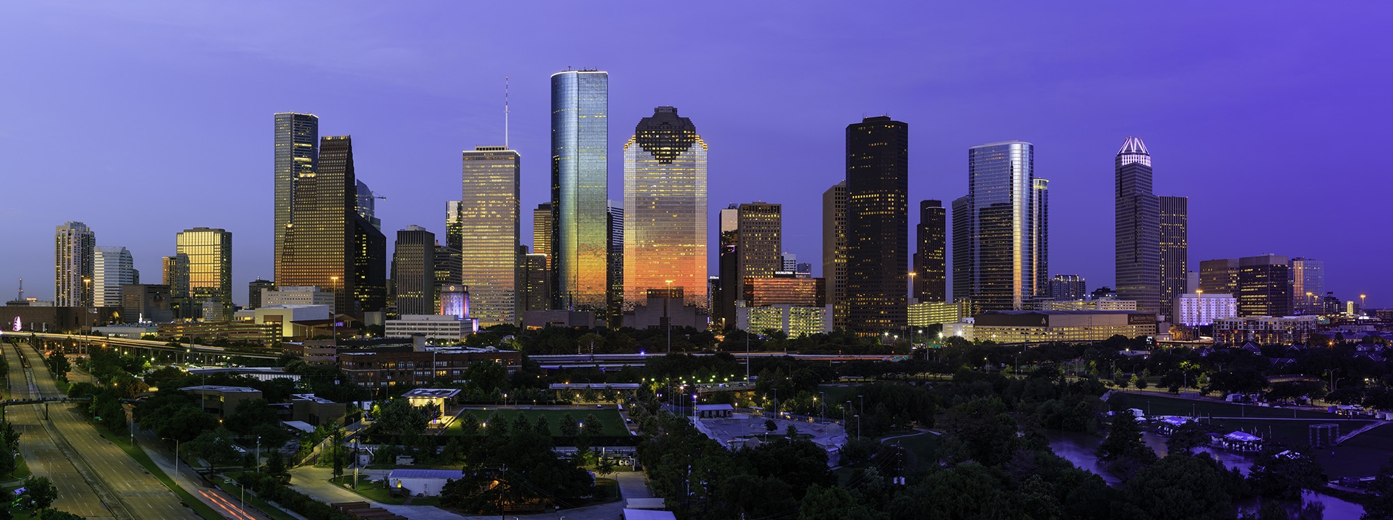 City of Houston Skyline July 4th 2018 with dramatic sunsetv